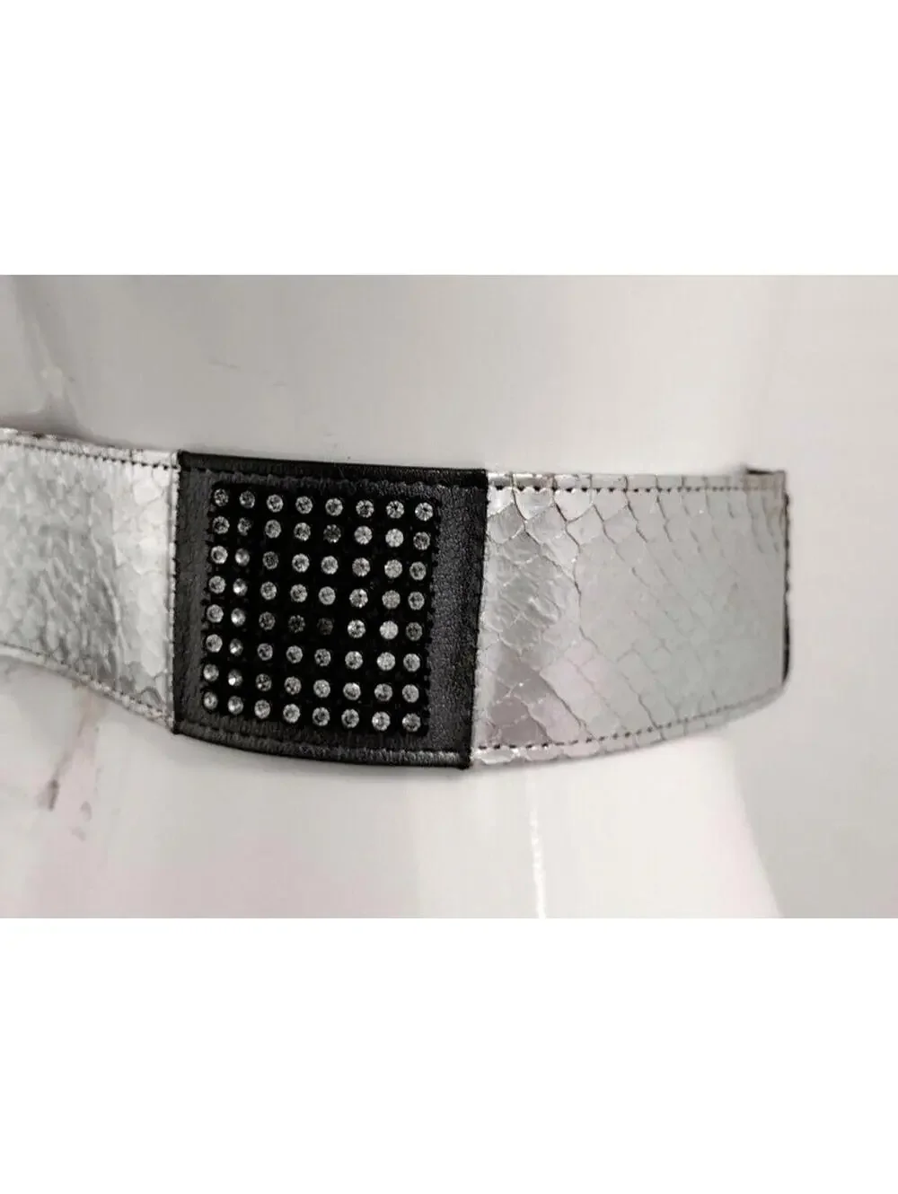 1970s Disco Belt Glam Lucite Silver Snake Rhinestone Art Deco Design Size S